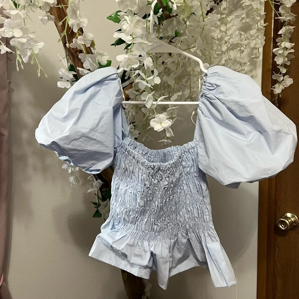 Astr Blue Puff Sleeve Blouse